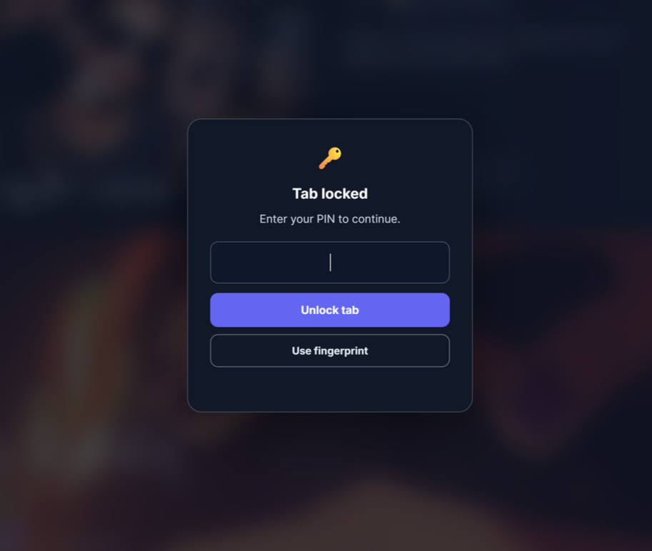 A slept tab reopened behind a Tab locked overlay, asking for a PIN or fingerprint to continue.